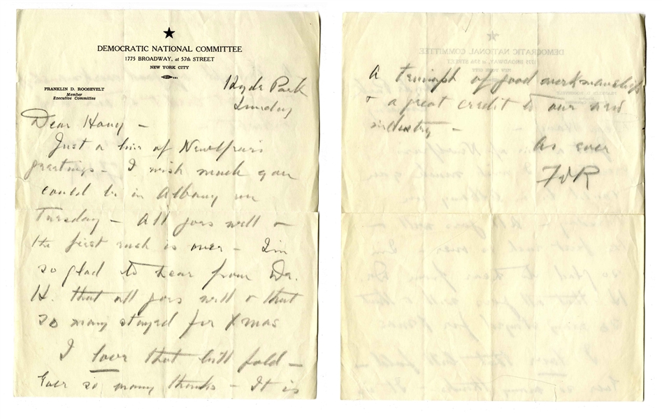 Franklin D. Roosevelt Autograph Letter Signed, Just Days Before His Inauguration as Governor of New York -- ...I wish much you could be in Albany on Tuesday...